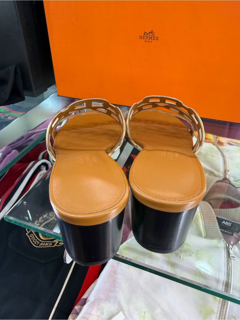 Hermes Tan Leather Chain-Link Slide Heels - Picture 3 of 12